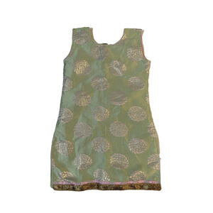 Traditional Brocade Dress Girls 32 Green Gold Floral Sleeveless Ethnic Partywear